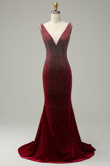 Mermaid Deep V Neck Burgundy Long Ball Dress with Beading